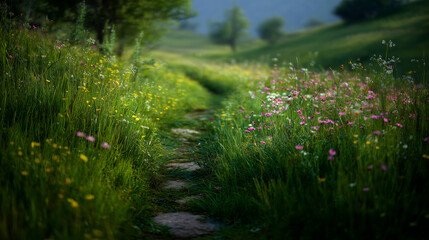 Stone pathway through a field of wildflowers on a hillside in the late afternoon in the Mountains of Romania Generative AI