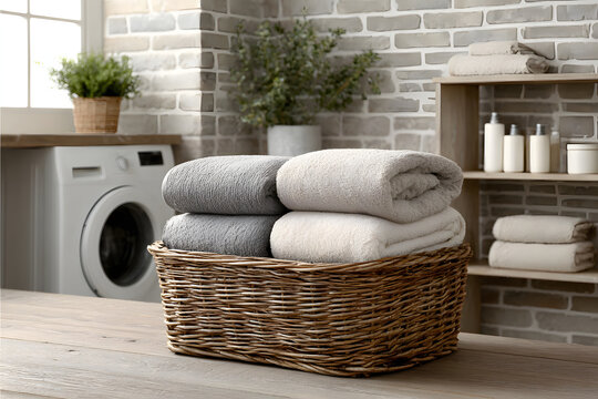 Bright laundry room featuring neatly folded towels and blankets in a wicker basket, a washing machine, and organized shelf unit.

