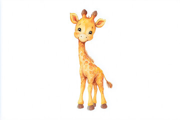 Obraz premium A charming cartoon giraffe with a friendly smile, big eyes, and distinctive spots stands upright, showcasing its playful personality against a white background.