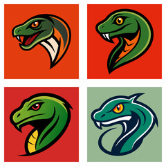 Obraz premium Four square images displaying stylized snake heads with varying colors and background designs present