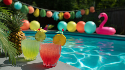 Summer cocktails and tropical decorations near swimming pool for a backyard pool party in the Summertime Generative AI