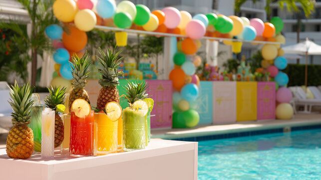 Tropical cocktails and pineapples poolside at a summer party in the Caribbean during the daytime Generative AI