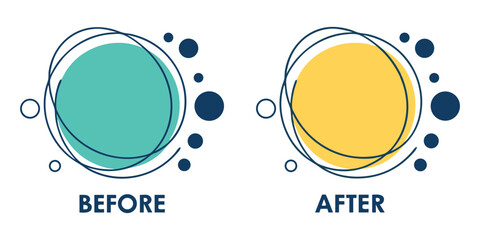 Before and After vector comparison template. Modern abstract graphic layout with colorful circles and dots for showcasing transformation, result, marketing, and advertising design.