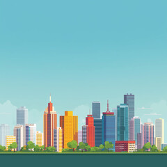 Fototapeta premium City skyline panorama with tall colorful buildings against blue sky background and vibrant green trees in the daytime showing urban architectural design city, skyline, urban, cityscape, buildings, sky