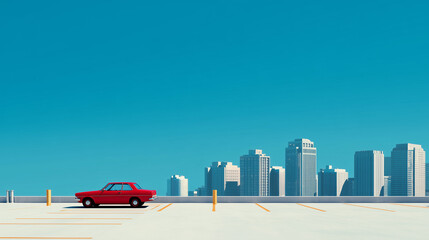 Red car parked in a rooftop parking lot with city skyscrapers behind it during a sunny day with clear blue sky car, parking, lot, rooftop, city, skyscrapers, urban, architecture, building, automobile,