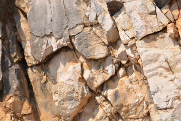 A close-up shot reveals the intricate and rugged textures of a rock face, characterized by various...
