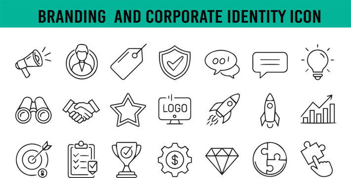 Branding and corporate identity editable icon set, brand, icon, corporate, concept, product, vector, company, set, recognition, strategy, unique, business, identity, design, advertising, image, influe - Powered by Adobe