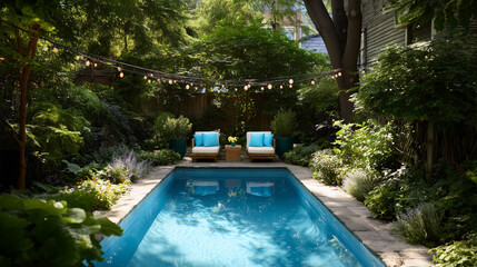 Swimming pool in a lush private backyard at a house in Summer with lounge chairs and decorative string lights creating a relaxing, tranquil setting in the garden swimming, pool, backyard, garden, summ
