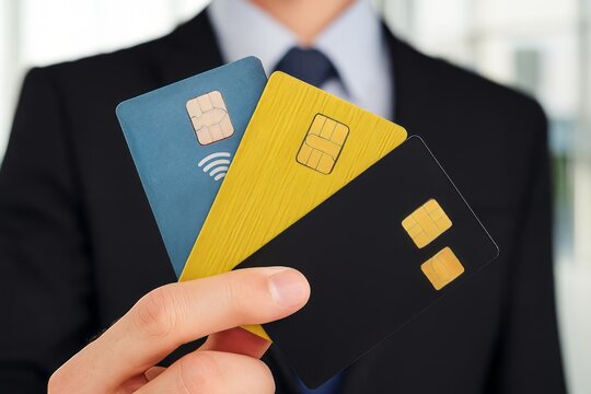Businessman presents colorful credit cards, showcasing financial options and modern payment methods in a professional and confident manner in business settings.