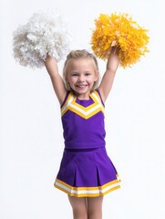 Cheerful Young Girl in Purple and Yellow Cheerleader Outfit