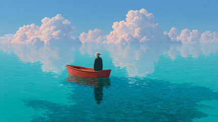 Person in red rowboat wearing hat floats on calm turquoise sea under blue sky with fluffy clouds, a peaceful Summer day near the Horizon person, boat, rowboat, sea, ocean, water, turquoise, blue, clou