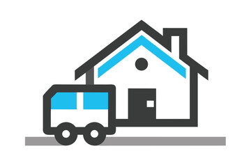 Moving Truck in Front of House Icon Illustration with Blue Accents