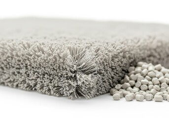 Commercial shot of a carpet fiber sample made of plastic, with a small pile of gray polypropylene (PP) pellets, ideal for design and material reference