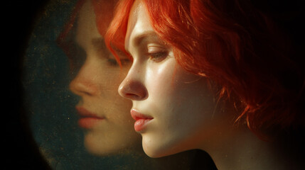 Portrait of beautiful ginger woman gazing at her reflection in vintage mirror in soft warm light inside darkened room, expressing introspection woman, ginger, hair, reflection, mirror, portrait, beaut