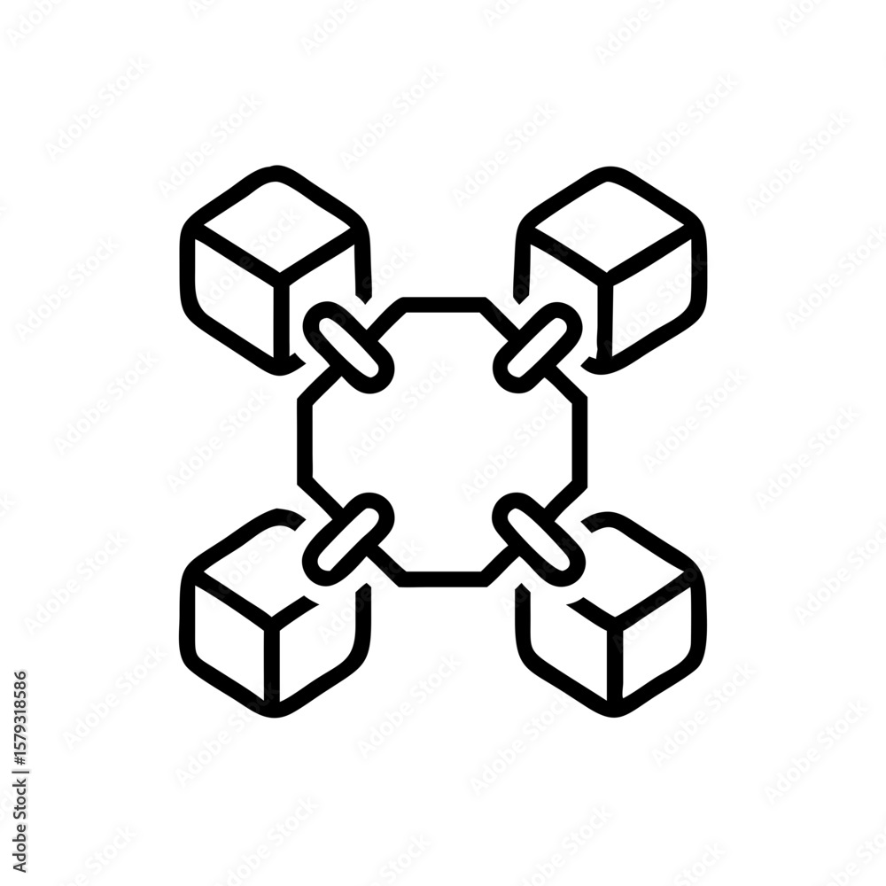 Poster Chain link illustration showing blockchain with connected blocks and centralized hub. Chain link reflects secure network communication and data exchange, as shown by connected components.