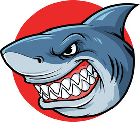 Cartoon illustration of an angry shark with sharp teeth, set against a red circular background.