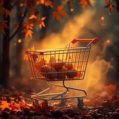 An ethereal and spiritual shopping cart, bathed in warm autumn colors and a soft light aura, conveying a mystical and cozy feeling, with earthy tones and subtle mystical elements