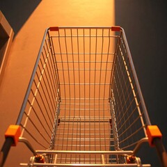 A warm golden hour light bathes a bird’s eye view of a shopping cart, showcasing a top-down perspective. Soft light, reminiscent of sunrise or sunset, casts gentle shadows