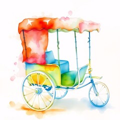 Delicate watercolor painting, electric vivid colors, translucent washes, fluid brushstrokes, a cart depicted in detail.