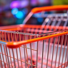 An extreme macro close-up of a shopping cart, revealing minute details in electric vivid colors