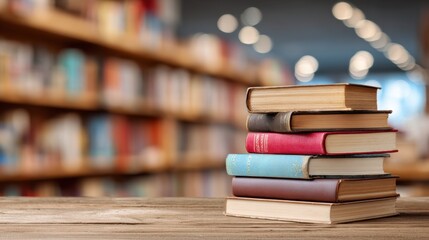 Stack of old books lying on wooden desk in a library