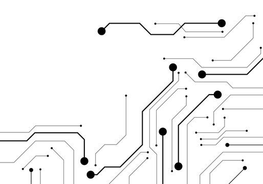 Digital circuit lines with dots on a white background, clean and minimalistic style, representing technology and virtual connectivity. 