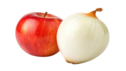 Red apple and white onion side by side isolated on transparent background