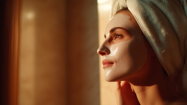 Woman in bathroom with facial mask and towel on head during a self care morning routine beauty, woman, facial, mask, skincare, towel, head, treatment, morning, routine, self, care, wellness, spa, bath - Powered by Adobe