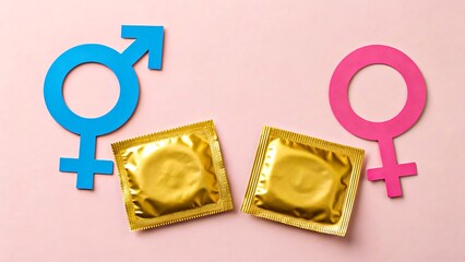 Golden condoms with male and female gender symbols on pink background

