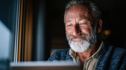 Senior man engaged with technology in cozy home setting