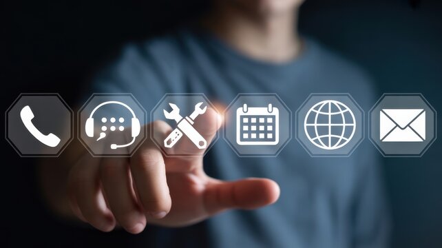 Interactive Technology Hand Pointing to Digital Interface with Communication Icons. Business contact options concept