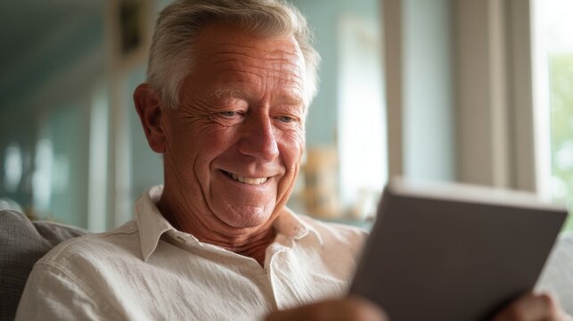 Senior man smiling while using tablet indoors