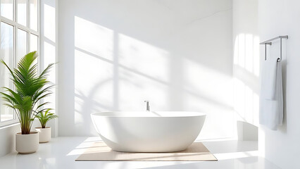 Bright bathroom featuring a white bathtub plants and natural light streaming through the window panes