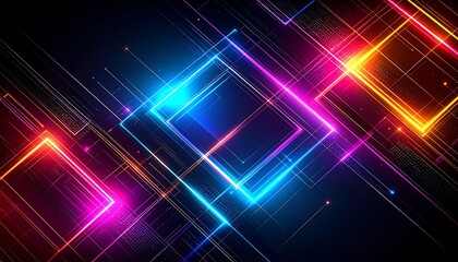 Abstract digital art with vibrant neon squares.  Interconnected glowing shapes on dark background.  Bright, colorful lines and points