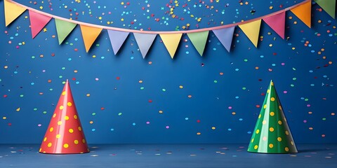 Festive blue background with party hats and confetti for celebrations