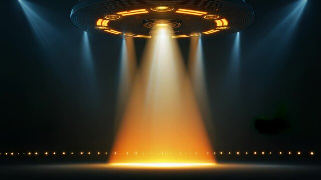 Illuminated UFO hovering in dark space, emitting bright beams of light downward