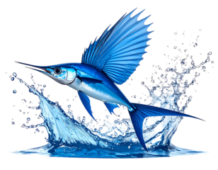 Blue Flying Fish Leaping Out of Water, Splash Effect Underneath – Cutout PNG