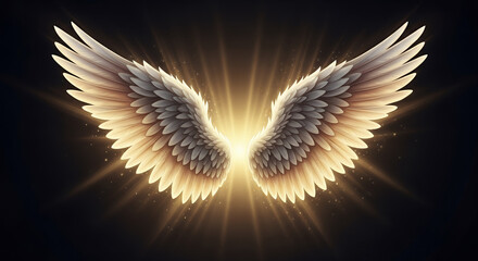 Radiant angel wings illustration with a glowing aura on a dark background