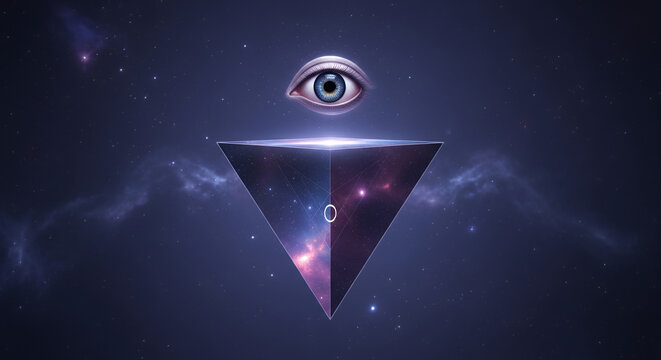Mystical third eye floating above a cosmic triangle with glowing aura on a deep indigo background