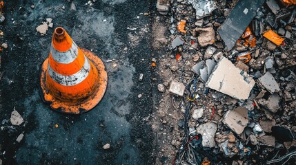 Obraz premium Construction Site with Orange Traffic Cone and Debris on Ground