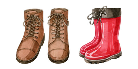 Watercolour illustration of brown and red rubber autumn boots use as print, poster, element design, illustration, sticker, label, card.