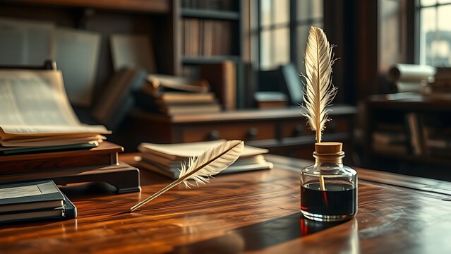 A vintage wooden desk featuring a feather quill and ink bottle in warm light.