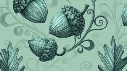 Teal acorn pattern with swirls and leaves