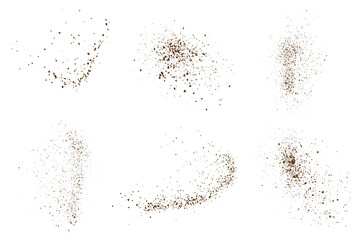 Cinnamon or cocoa coffee color flying grunge texture isolated vector realistic splash background set