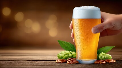 Steaming glass of golden craft beer with frothy head