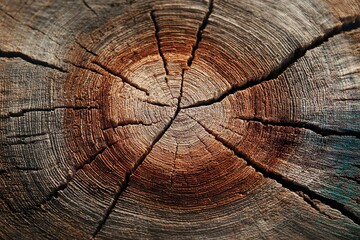 Macro shot of a weathered tree trunk showing clearly defined growth rings and natural texture. The concentric circles provide a visual representation of the trees age and history, ideal for background
