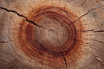 Naklejka premium Macro shot of a weathered tree trunk showing clearly defined growth rings and natural texture. The concentric circles provide a visual representation of the trees age and history, ideal for background