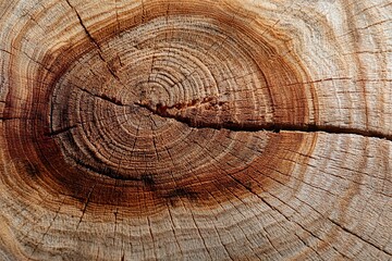 Naklejka premium Macro shot of a weathered tree trunk showing clearly defined growth rings and natural texture. The concentric circles provide a visual representation of the trees age and history, ideal for background