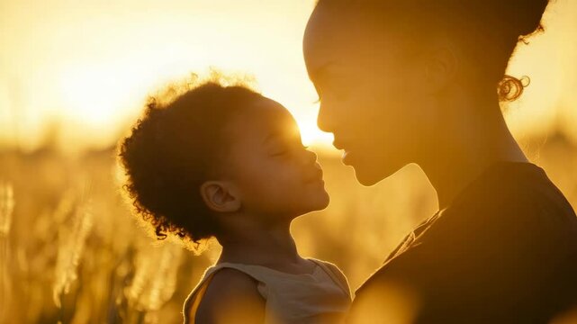 Mother and child sharing a tender moment in golden sunset field  