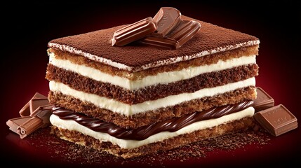 Rich chocolate cake with layers of cream and chocolate topping